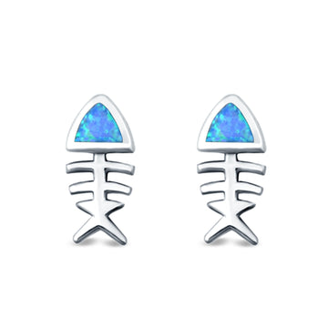 Fish Stud Earrings Lab Created Blue Opal 925 Sterling Silver (10mm)